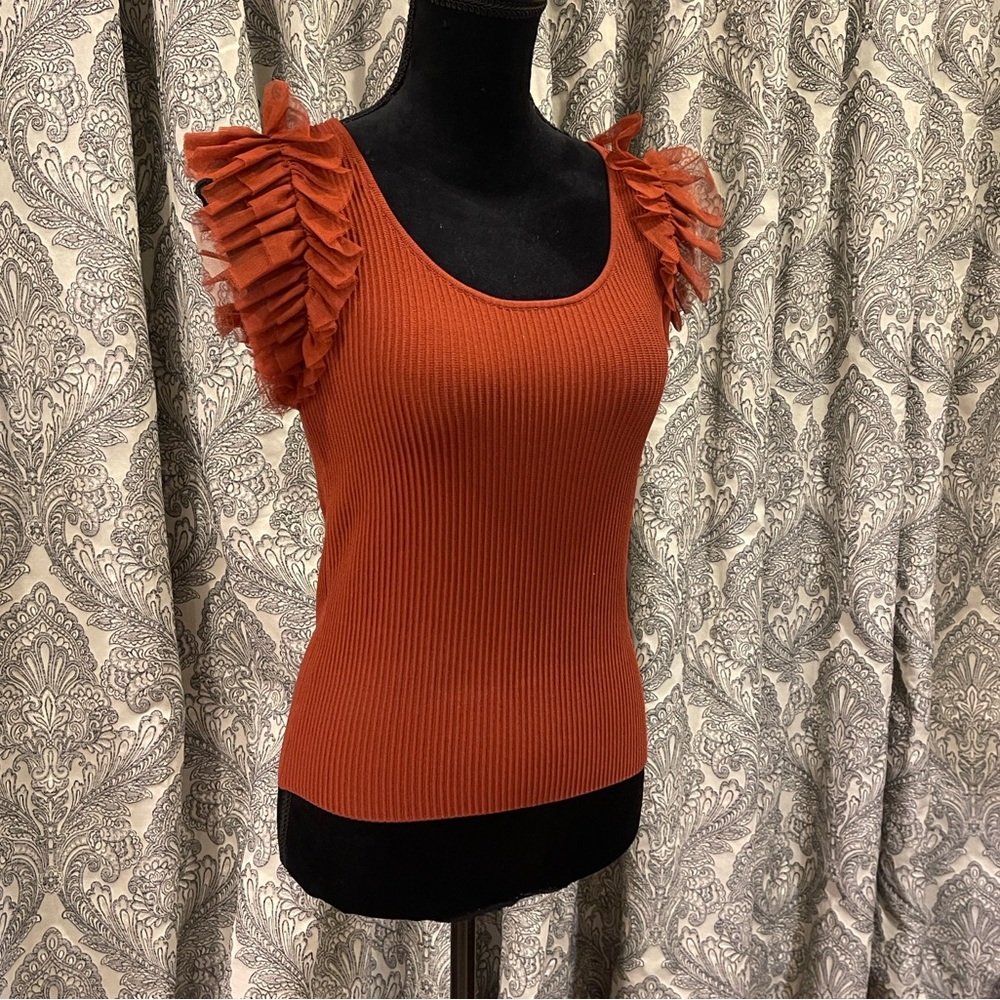Anthropologie Bailey 44 RUST TULLE CAP SLEEVE RIBBED TOP FALL COLORS - Picture 4 of 10